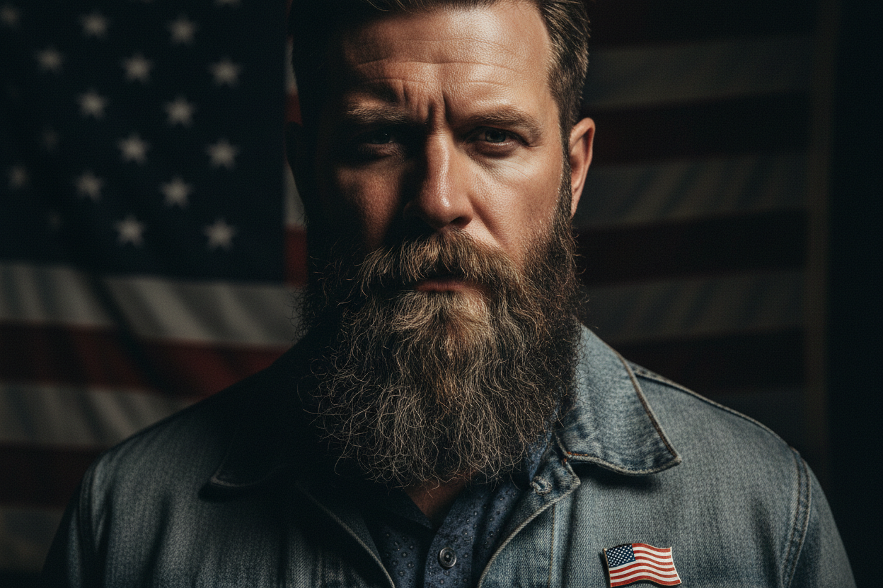 a patriotic ultra realistic man with a big beard with black overlay ilter for contrast 