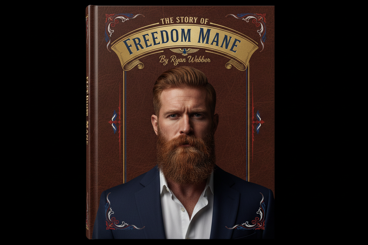 make a image of a story book with the title "The Story of Freedom Mane, By Ryan Webber" use a man with a beard on the cover 
