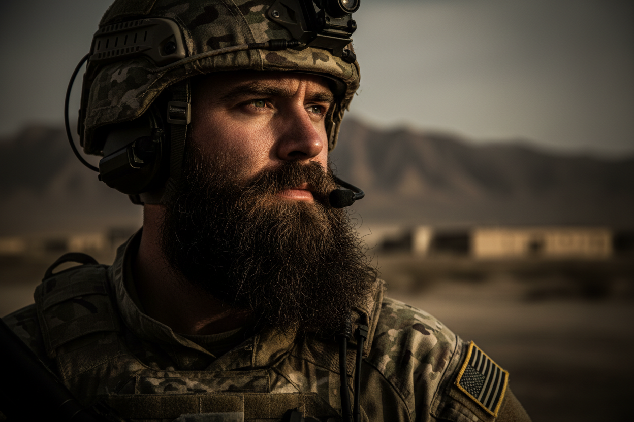 usa military solder close up with large beard looking to the disance ultra realistic with dark tilter for contrast
